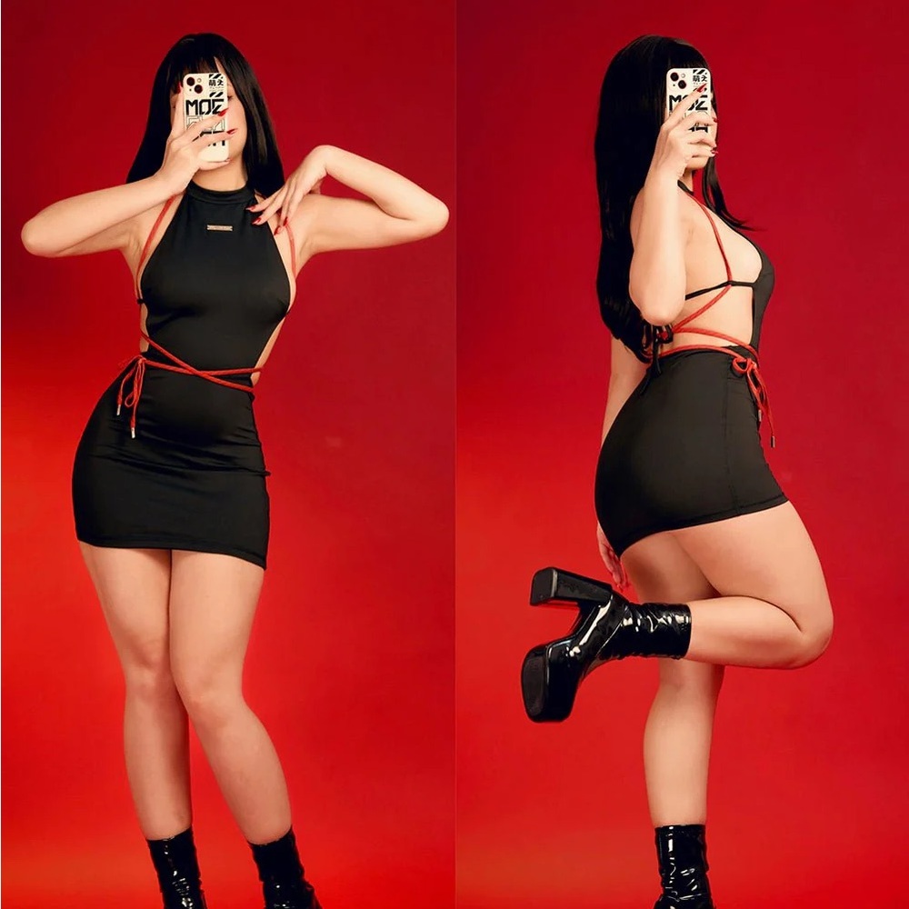 ❤️SEXY DISCONTINUED NWOT MOEFLAVOR Black Shibari Rope Halter Backless Mini Dress